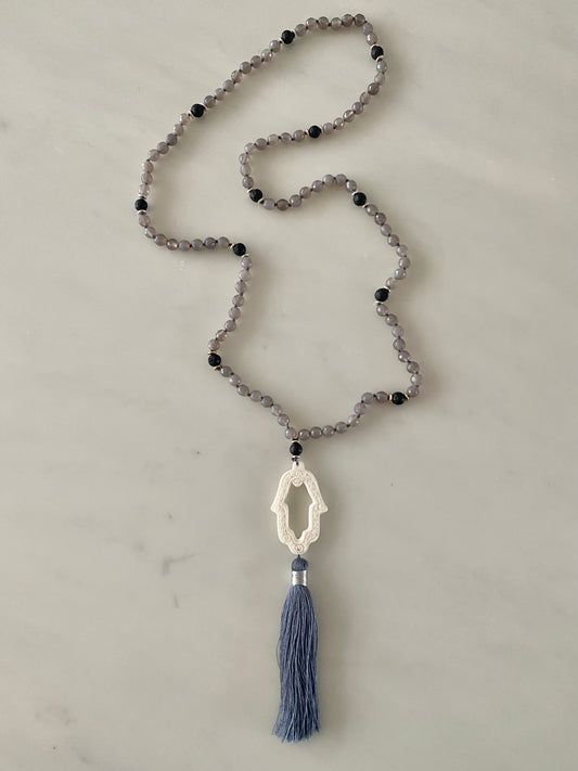 GREY AGATE VOLCANIC PRAYER HAND NECKLACE