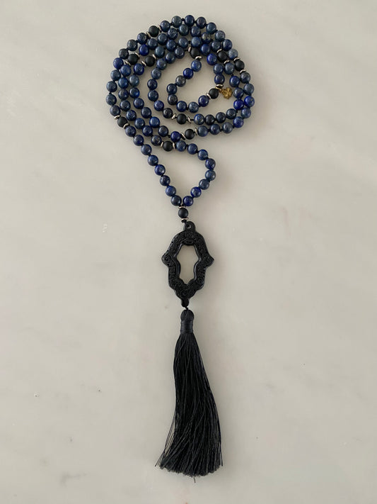 LAPIS LAZULI + BLACK ONYX PRAYER HAND NECKLACE