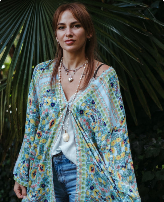 CALIFORNIA SHORT KIMONO JACKET IN OCEAN HAZE
