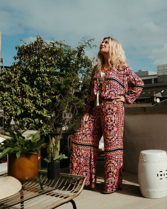 CALIFORNIA WIDE LEG LOUNGE PANTS IN GYPSY SOUL (SHOWN WITH LOUNGE SHIRT)