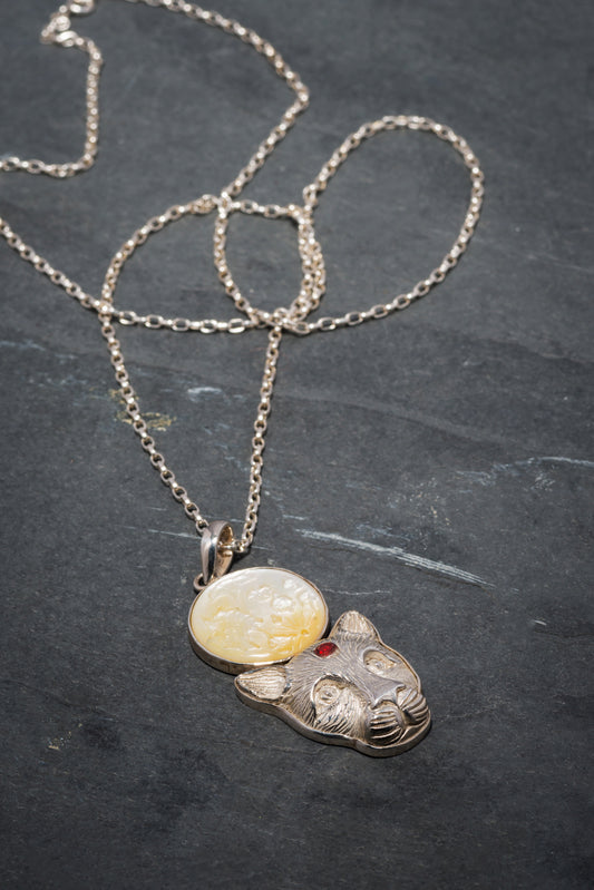 MOTHER OF PEARL FULL MOON SILVER PANTHER 75cm NECKLACE