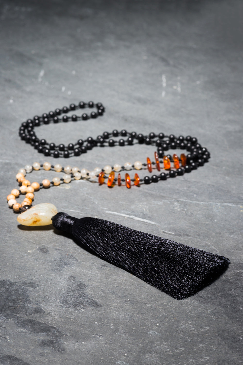 ANTIQUE NEPHRITE JADE LYNX + AMBER NECKLACE