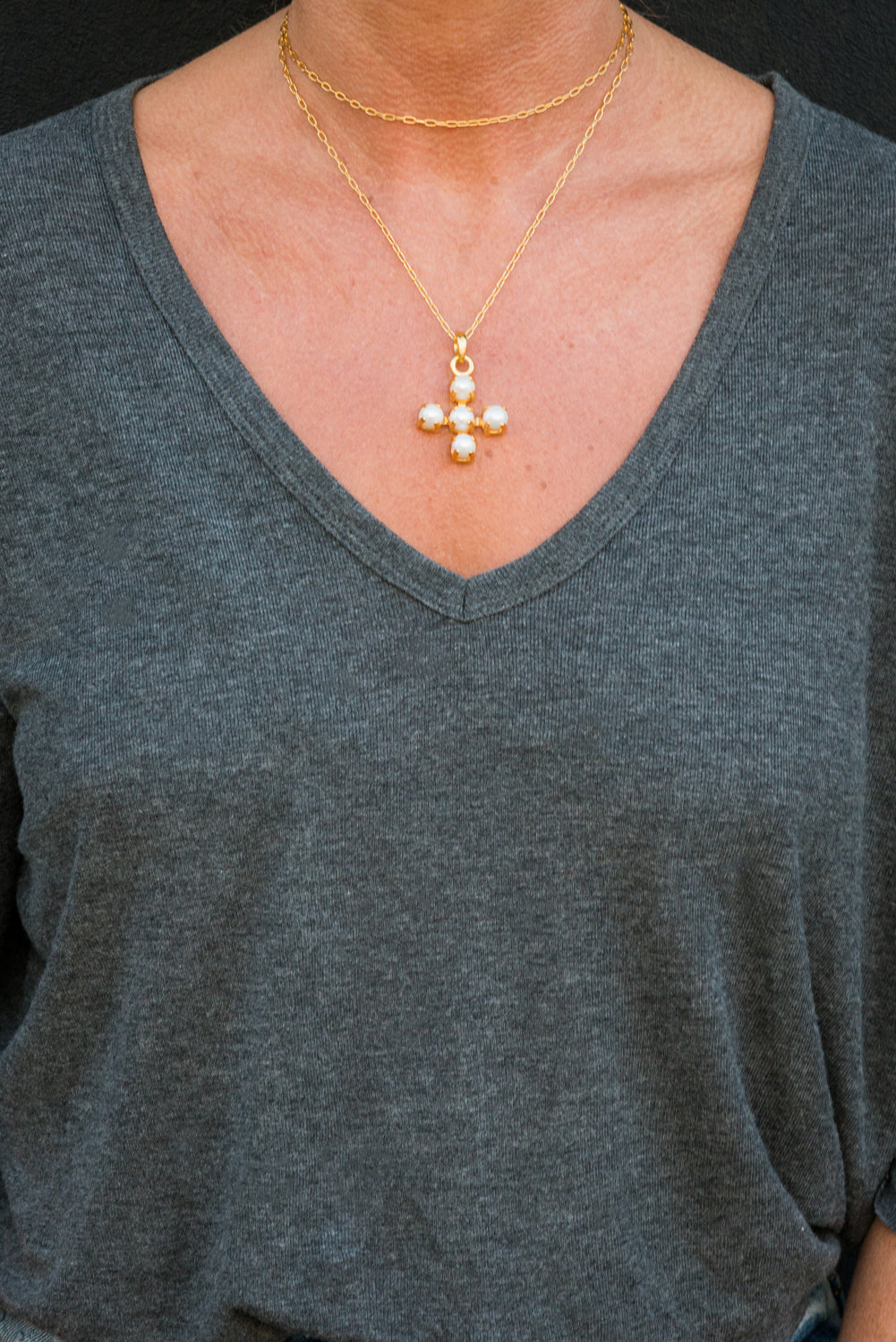 PEARL CROSS PENDANT GOLD 75cm