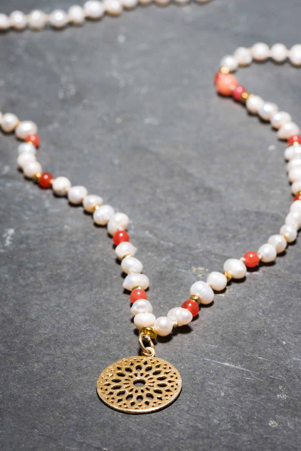 GOLD MANDALA PEARL + CORAL NECKLACE