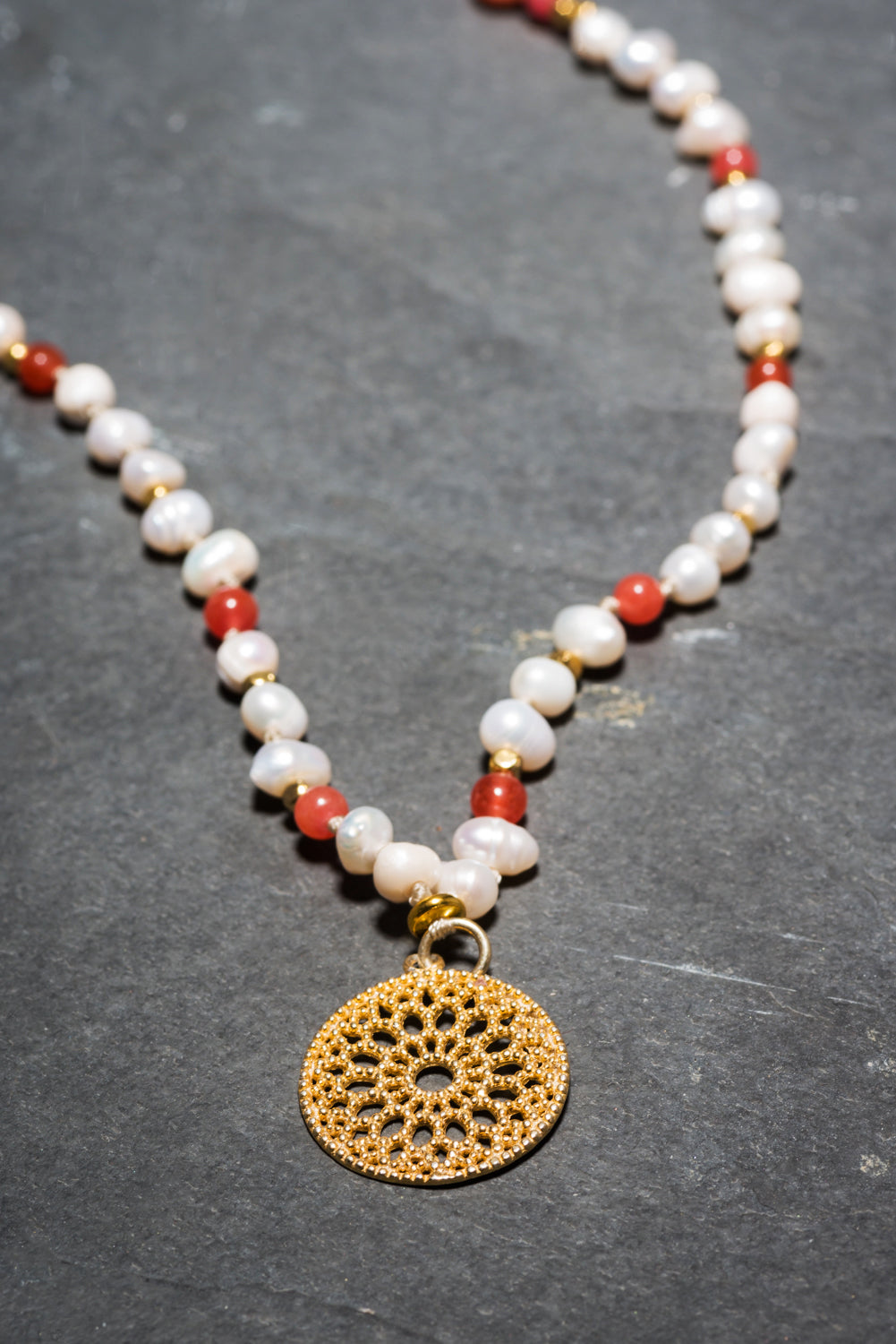 GOLD MANDALA PEARL + CORAL NECKLACE