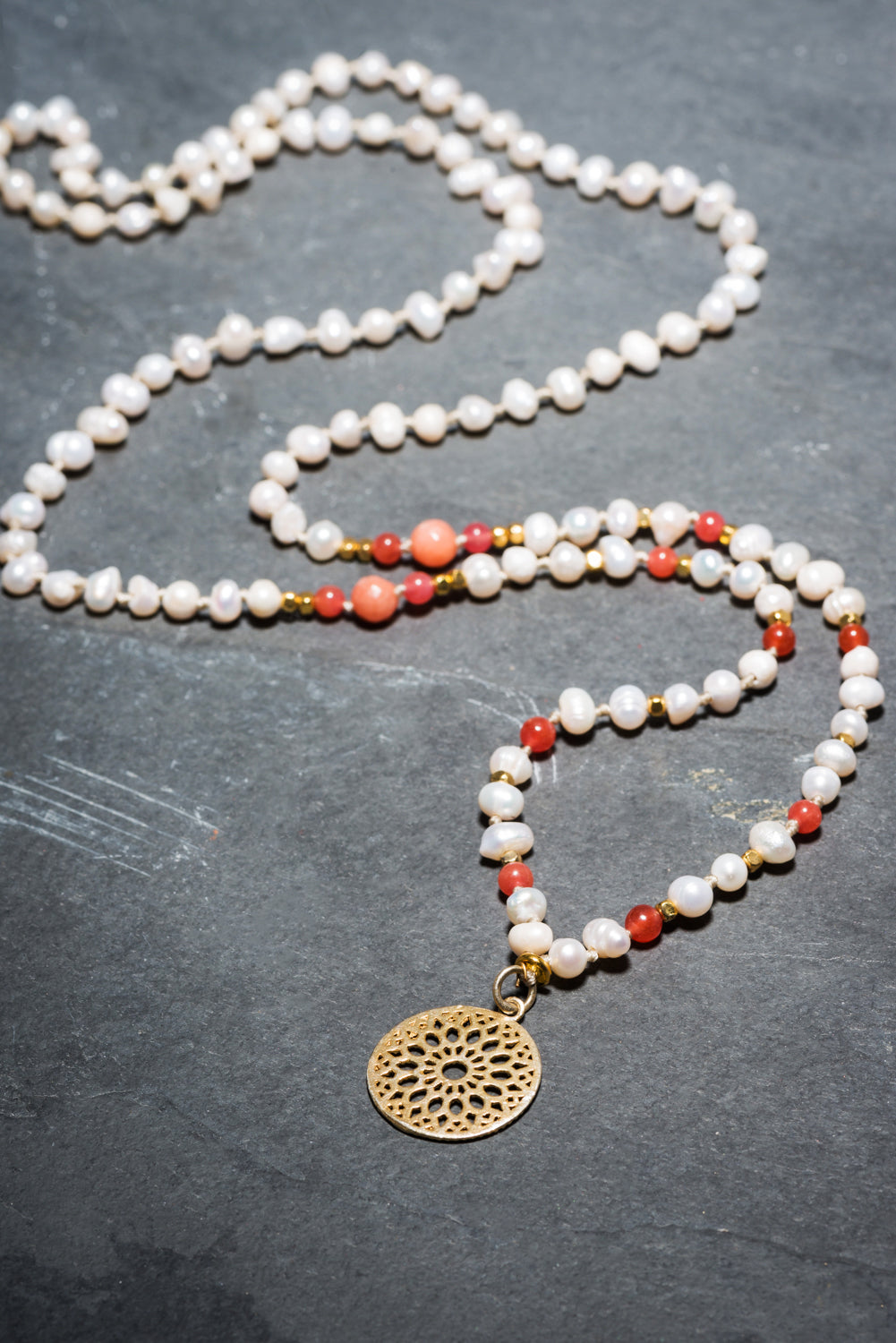 GOLD MANDALA PEARL + CORAL NECKLACE