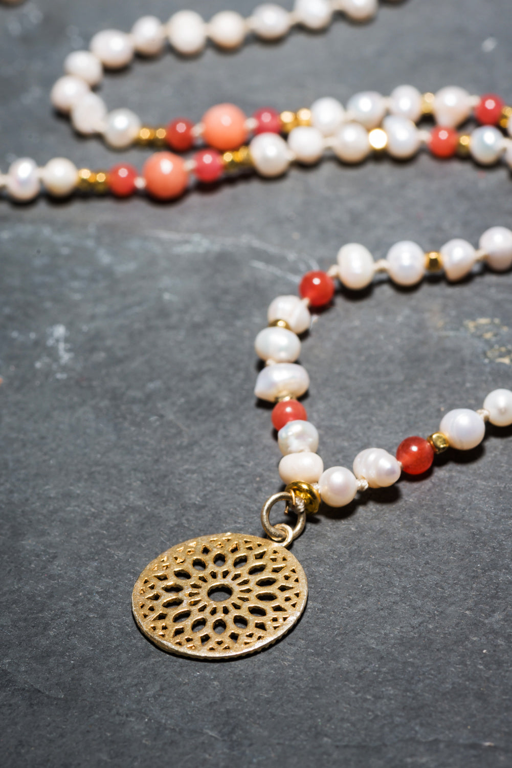GOLD MANDALA PEARL + CORAL NECKLACE
