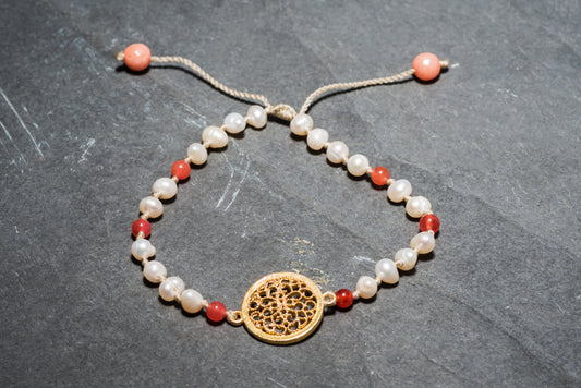 GOLD MANDALA PEARL + CORAL BRACELET