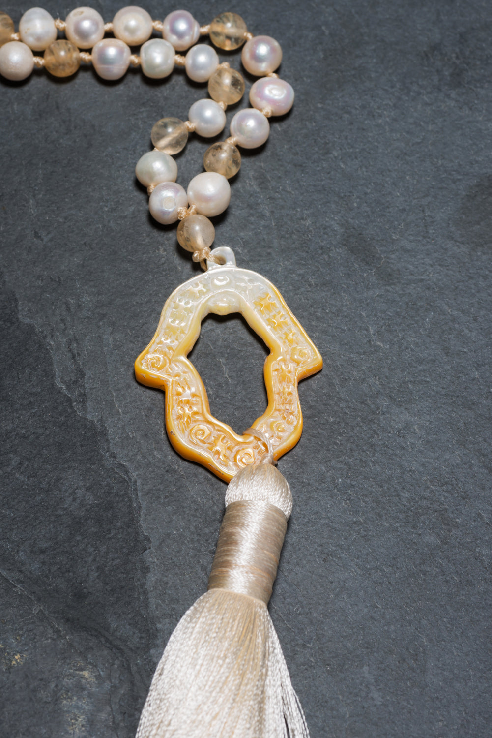 PEARL + RUTILE QUARTZ SILK HAND CARVED MOTHER OF PEARL HAMSA MALA