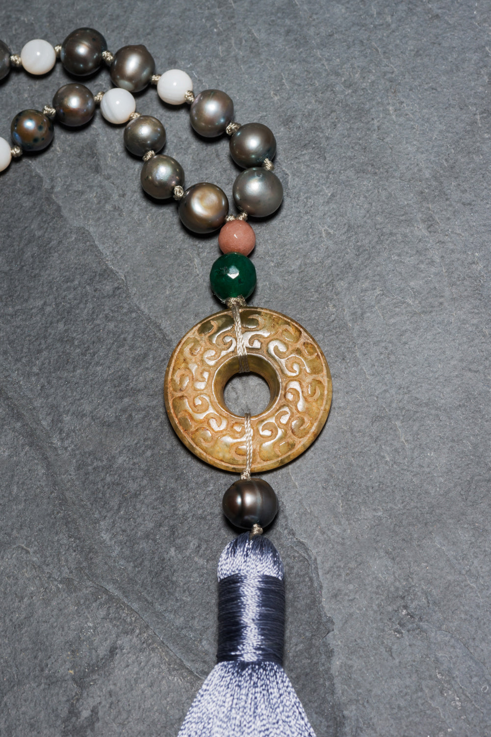 ORIENT DUSK ANTIQUE CARVED NEPHRITE JADE MANDALA NECKLACE