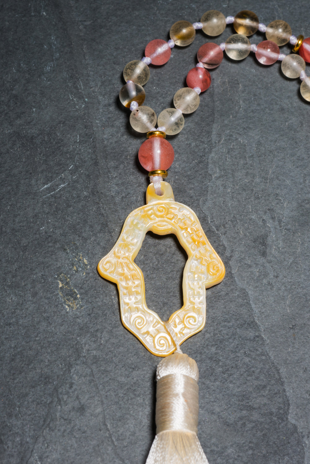 NATURE PINK AGATE + SILK HAND CARVED MOTHER OF PEARL HAMSA MALA