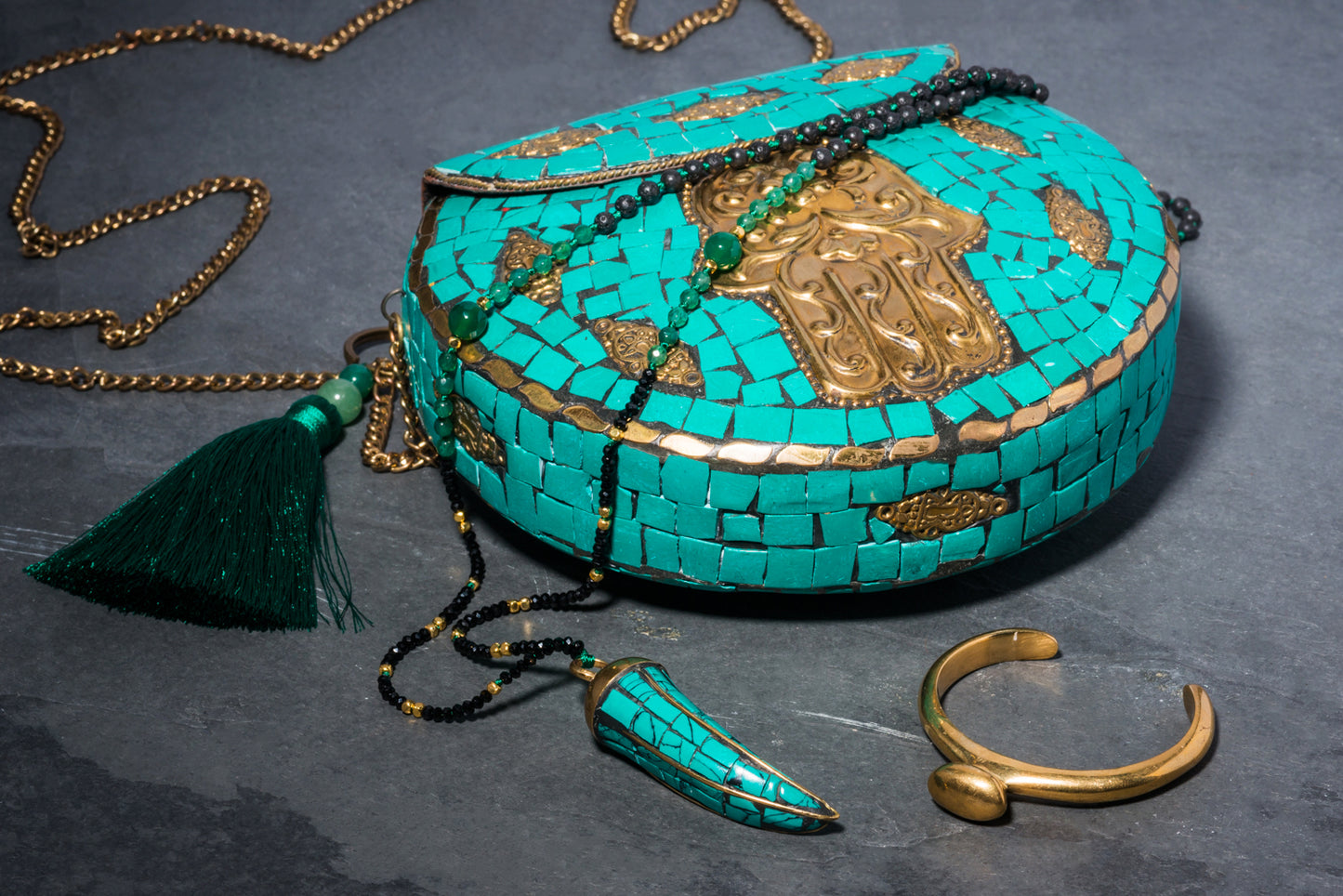 MALACHITE HAMSA BAG WITH SILK + SEMI PRECIOUS TASSEL CHARM