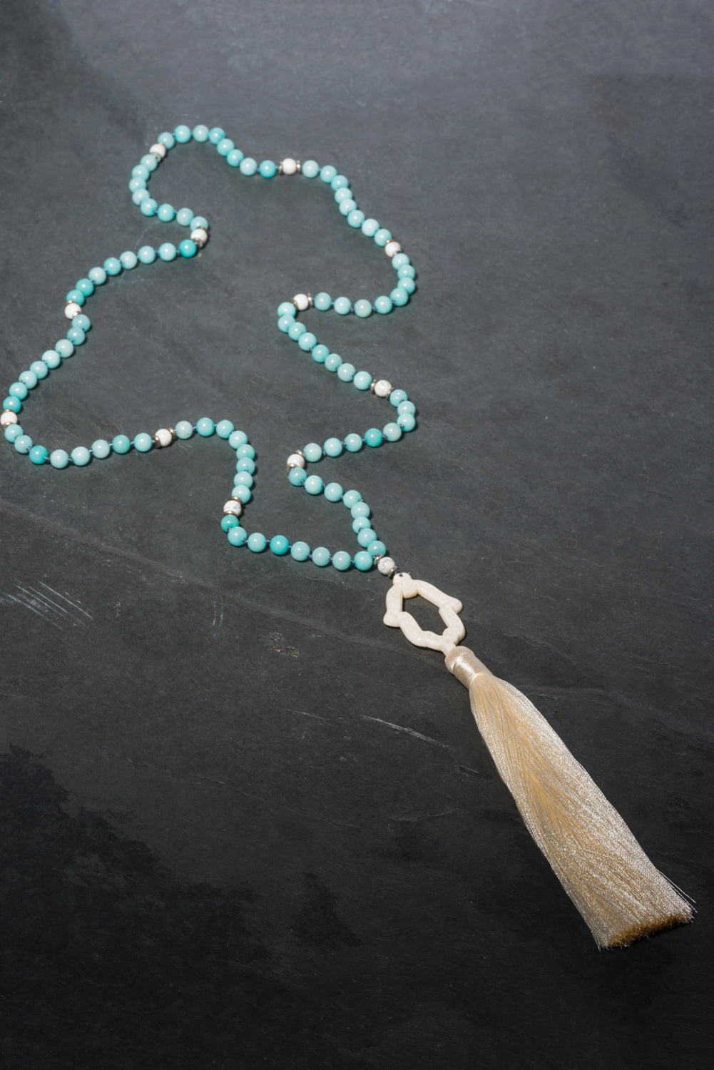 AMAZONITE PRAYER HAND SILK TASSEL NECKLACE