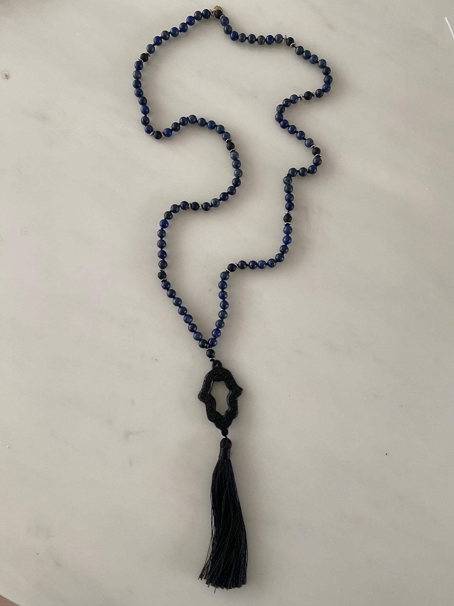 LAPIS LAZULI + BLACK ONYX PRAYER HAND NECKLACE