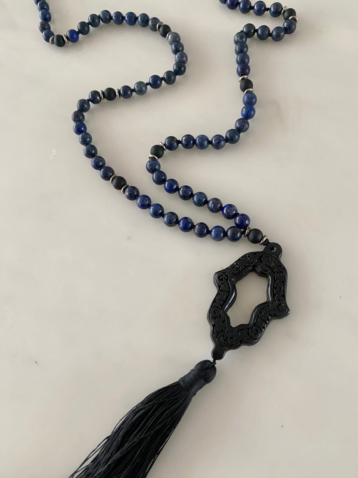 LAPIS LAZULI + BLACK ONYX PRAYER HAND NECKLACE