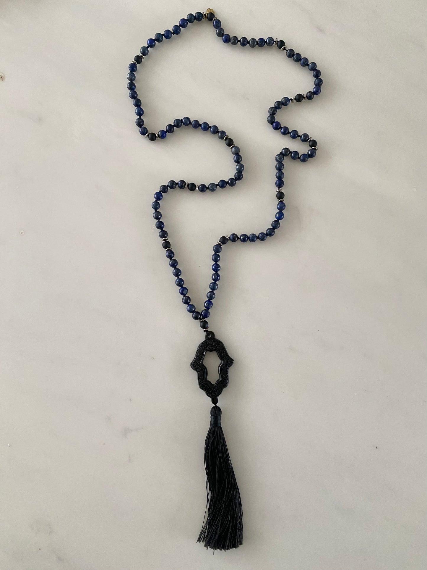 LAPIS LAZULI + BLACK ONYX PRAYER HAND NECKLACE