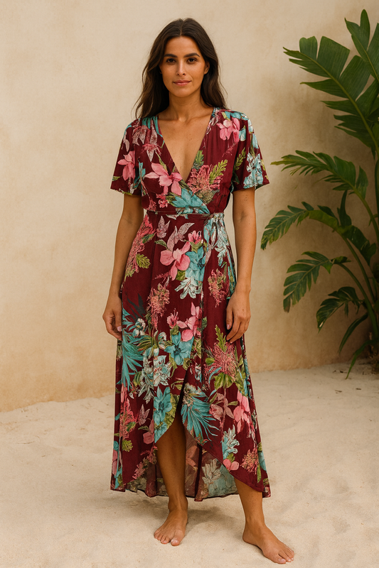 DARK TROPICS WRAP DRESS