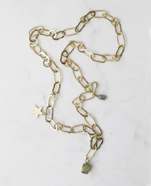 Large link brass chain with brass charms and labradorite stone