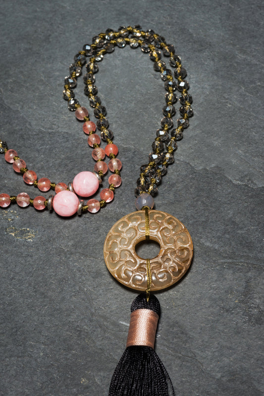LOTUS BEAUTY ANTIQUE CARVED NEPHRITE JADE MANDALA NECKLACE