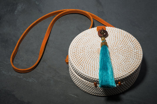 CROSS BODY RATTAN TASSEL BAG OCEAN TURQ