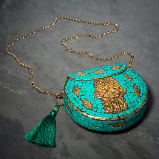 MALACHITE HAMSA BAG WITH SILK + SEMI PRECIOUS TASSEL CHARM