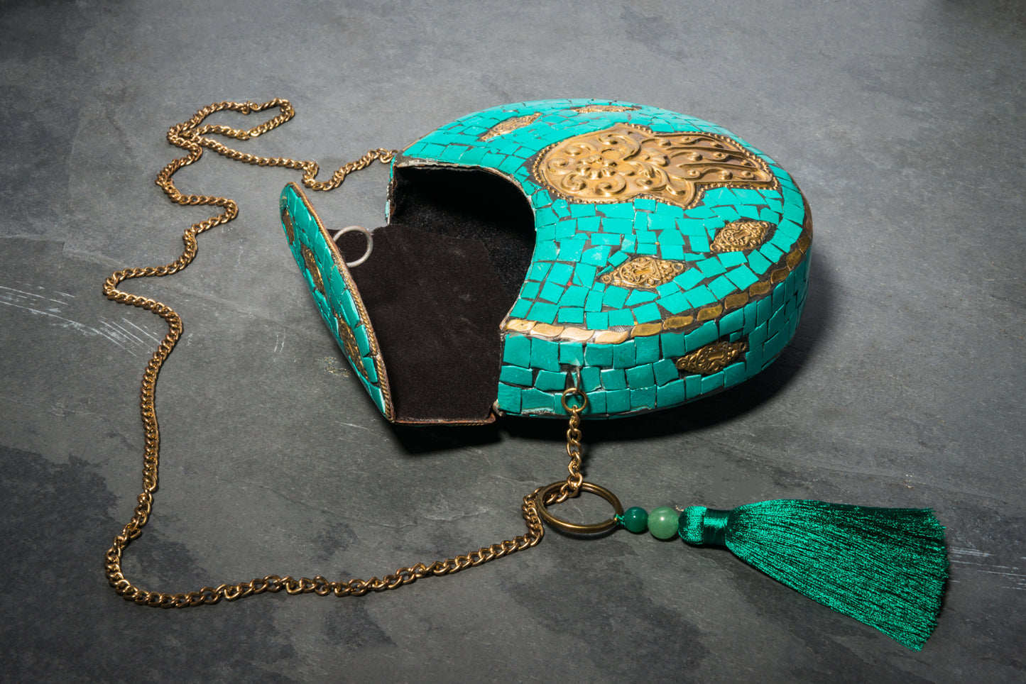 MALACHITE HAMSA BAG WITH SILK + SEMI PRECIOUS TASSEL CHARM