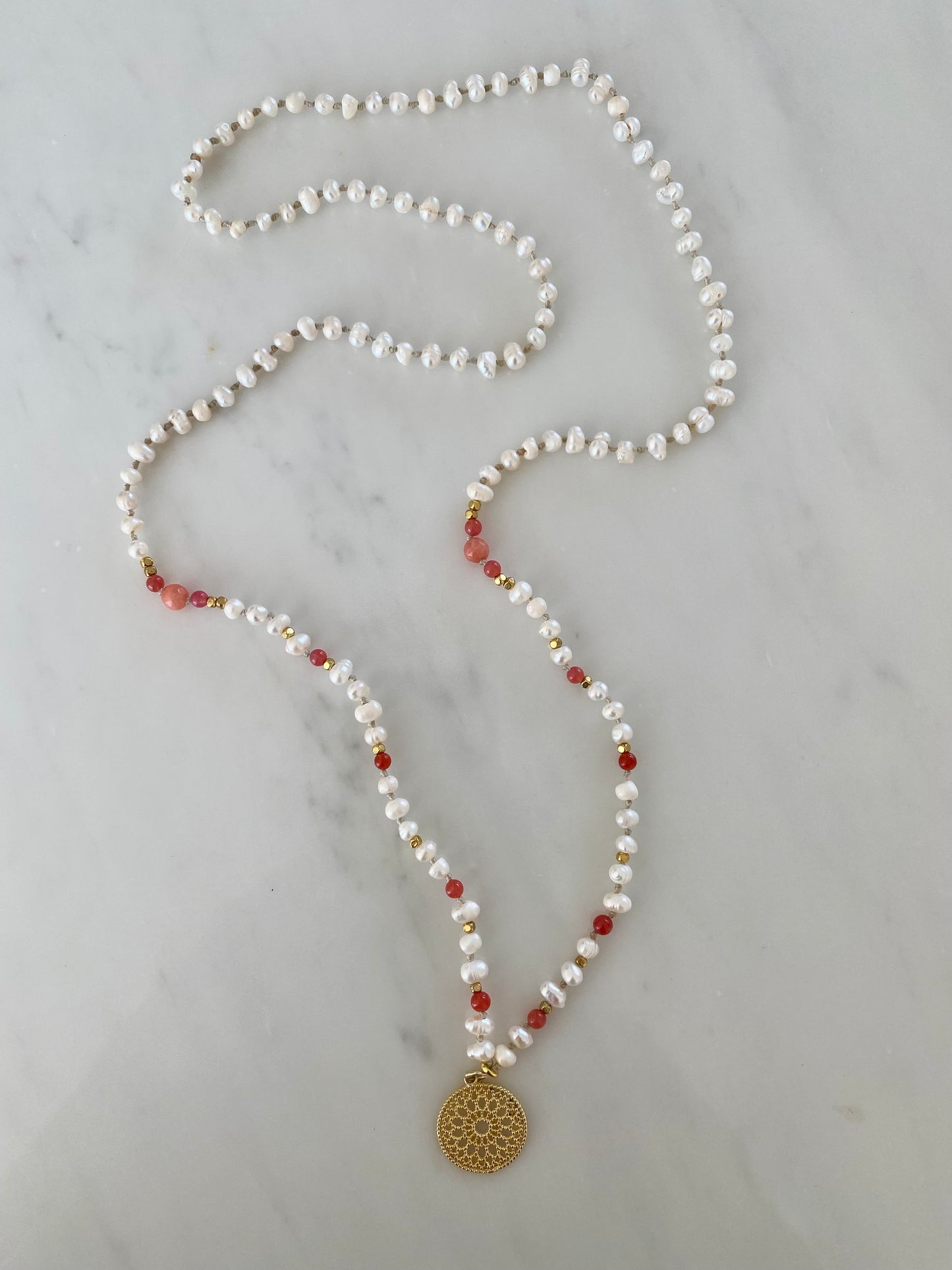 GOLD MANDALA PEARL + CORAL NECKLACE