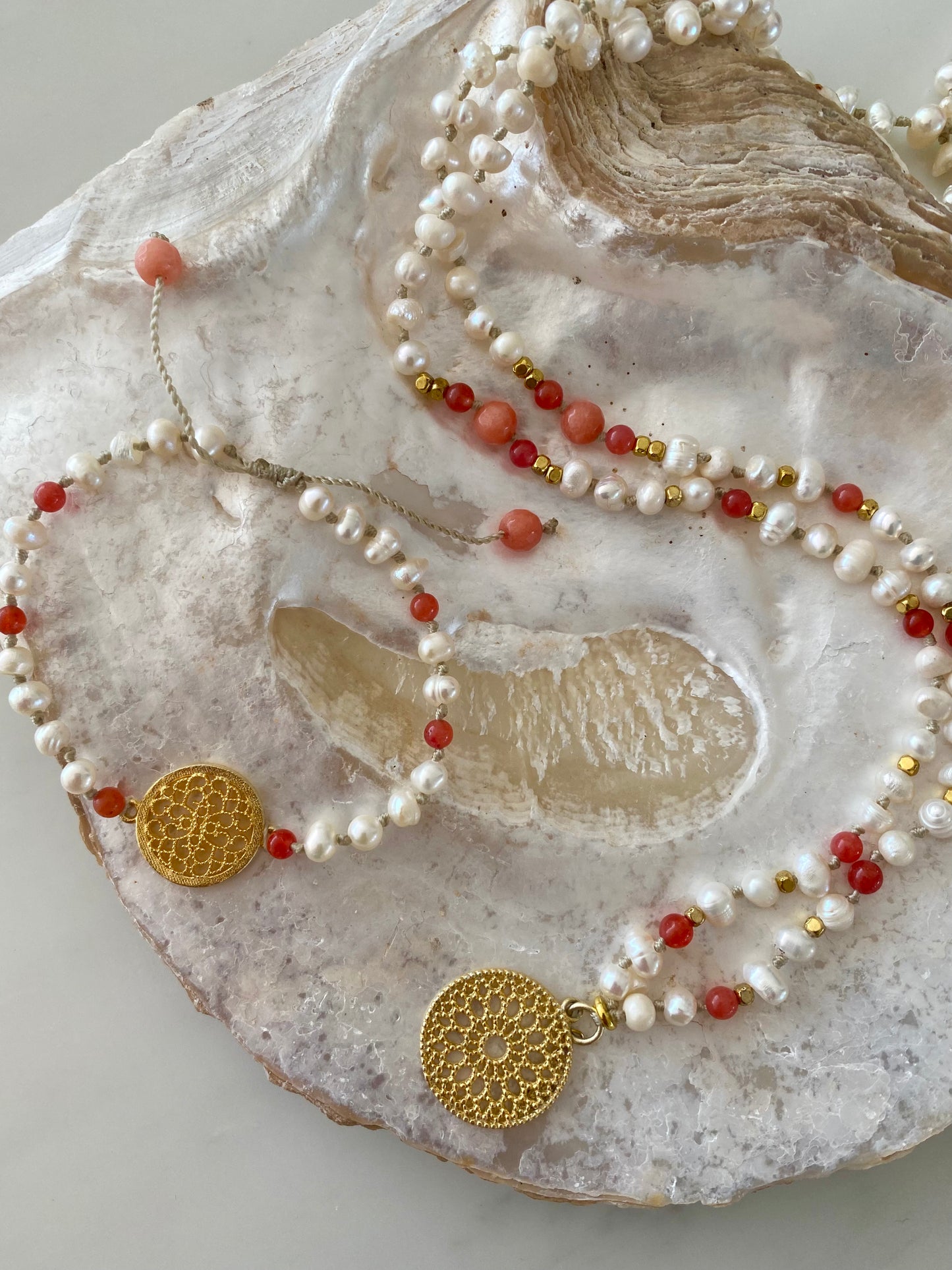 GOLD MANDALA PEARL + CORAL NECKLACE