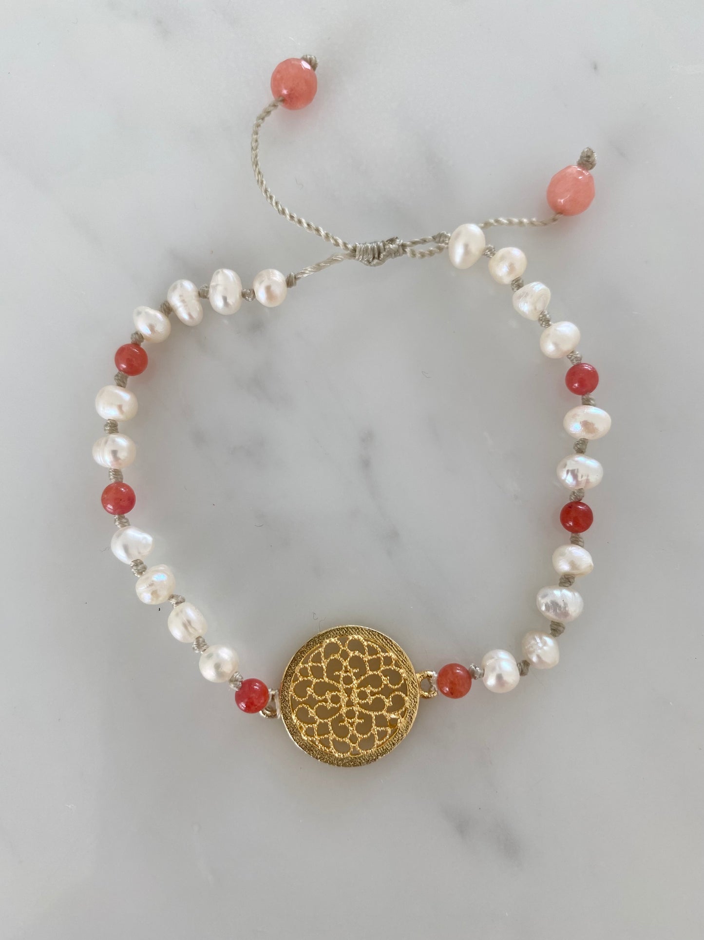 GOLD MANDALA PEARL + CORAL BRACELET